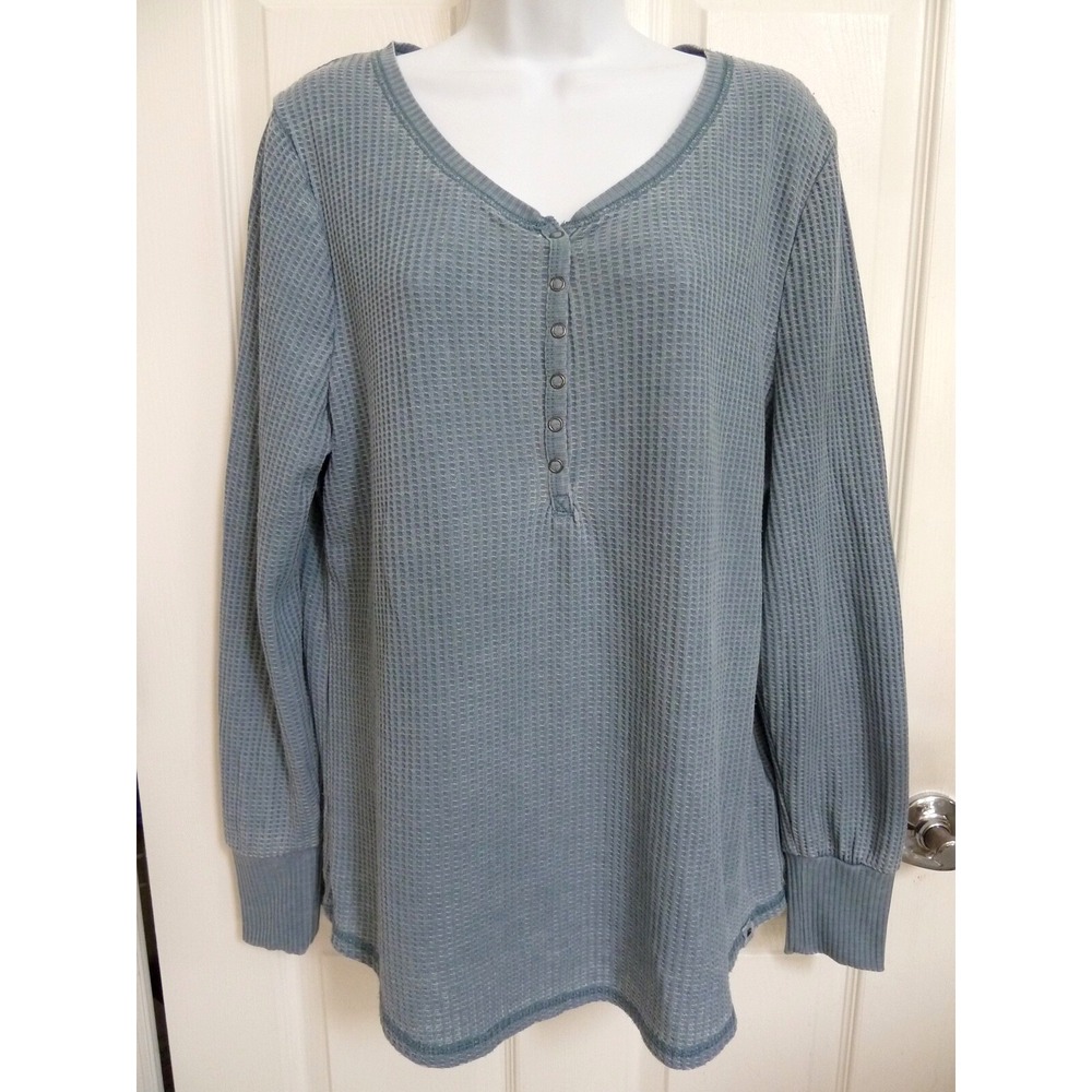 Seven7 Womens XL Waffle Knit Henley Top Distressed Bluestone 7M7586B